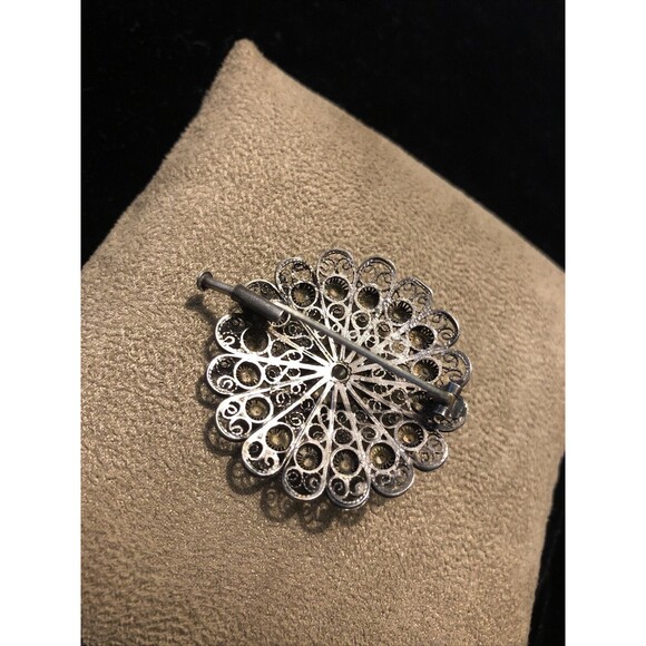 Vintage Oxidized Silver 925 Filigree Blooming Flower Dotted Round Pin Brooch - Picture 3 of 7